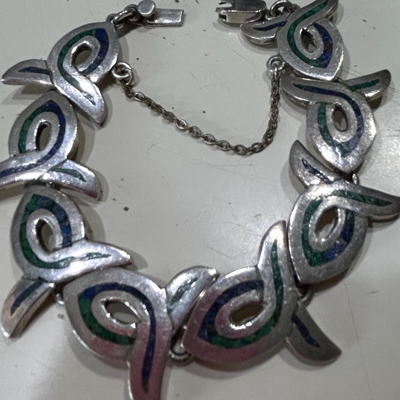 Taxco Mexico inlaid Malachite and Lapis Sterling Silver Bracelet. - Picture 1 of 9